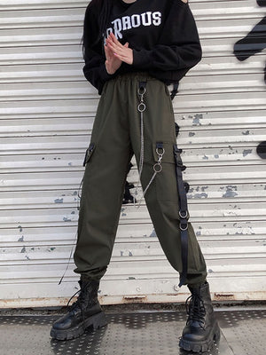 Women Cargo Pants  Harem Pants Fashion Punk Pockets Jogger Trousers With Chain Harajuku Elastics High Waist Streetwear - Azbrowse