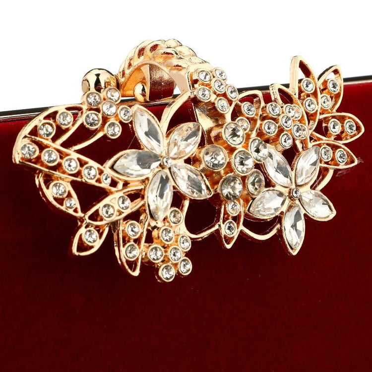 European fashion Noble Lady Rhinestone Evening Clutch Tote Bag Burgundy Black Gold Solid Women Shoulder Chain Suede Surface - Azbrowse