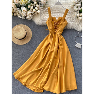 FMFSSOM 2022 Summer V-neck Sexy Open Back Red Dress Women Knee-length Bohemian Style  Solid Spaghetti Strap Party Clothing - Azbrowse