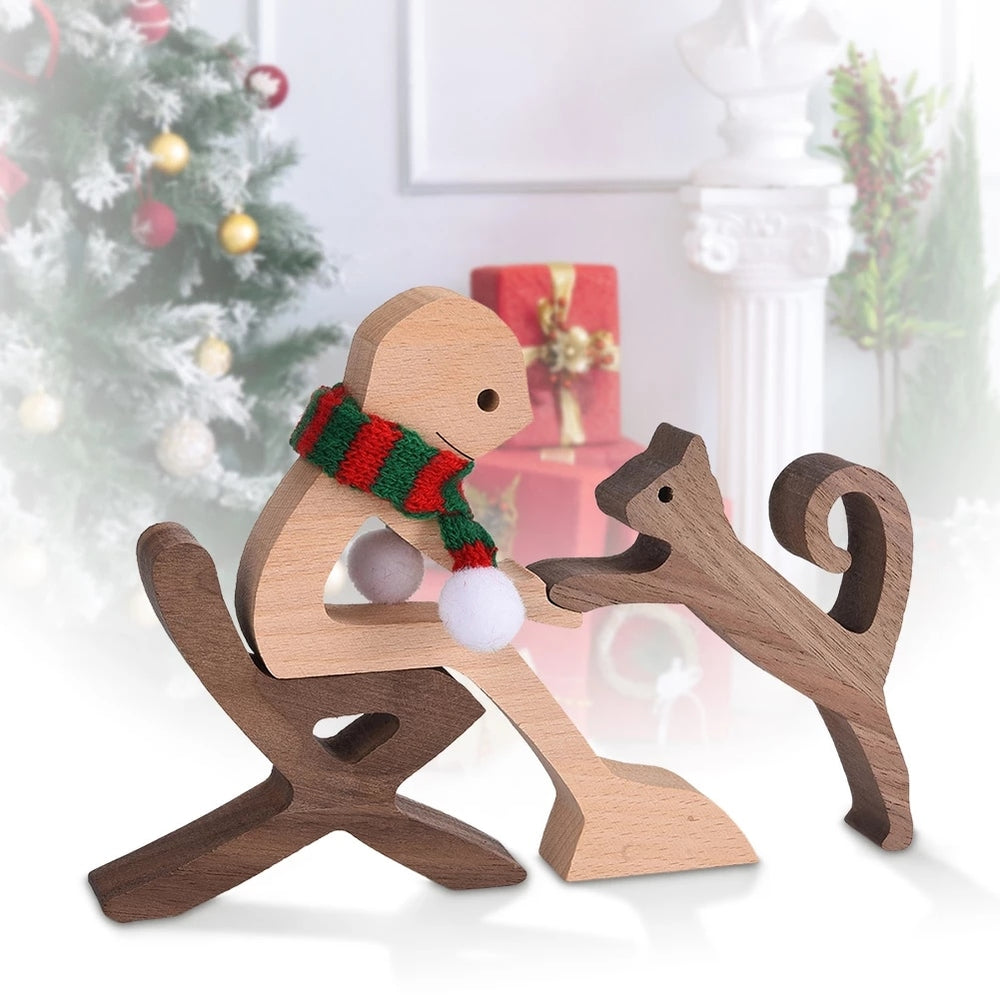 Family Puppy Wood Dog Craft Figurine Desktop Table Ornament Carving Model Home Office Decoration Pet Sculpture Christmas Gift - Azbrowse