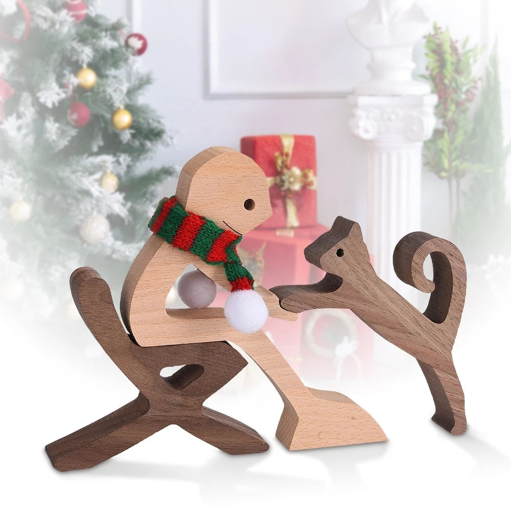 Family Puppy Wood Dog Craft Figurine Desktop Table Ornament Carving Model Home Office Decoration Pet Sculpture Christmas Gift - Azbrowse