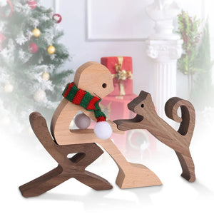 Family Puppy Wood Dog Craft Figurine Desktop Table Ornament Carving Model Home Office Decoration Pet Sculpture Christmas Gift - Azbrowse