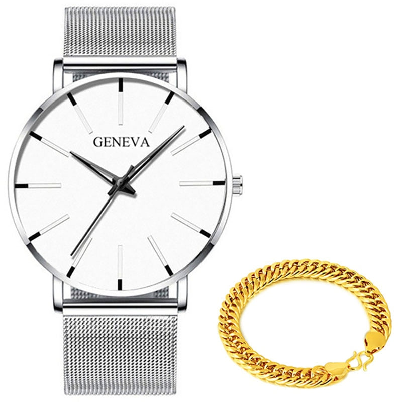 2022 Geneva Minimalist Watch Men Ultra Thin Blue Stainless Steel Mesh Belt Watches Man Business Casual Quartz Wrist Watch