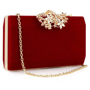 European fashion Noble Lady Rhinestone Evening Clutch Tote Bag Burgundy Black Gold Solid Women Shoulder Chain Suede Surface - Azbrowse
