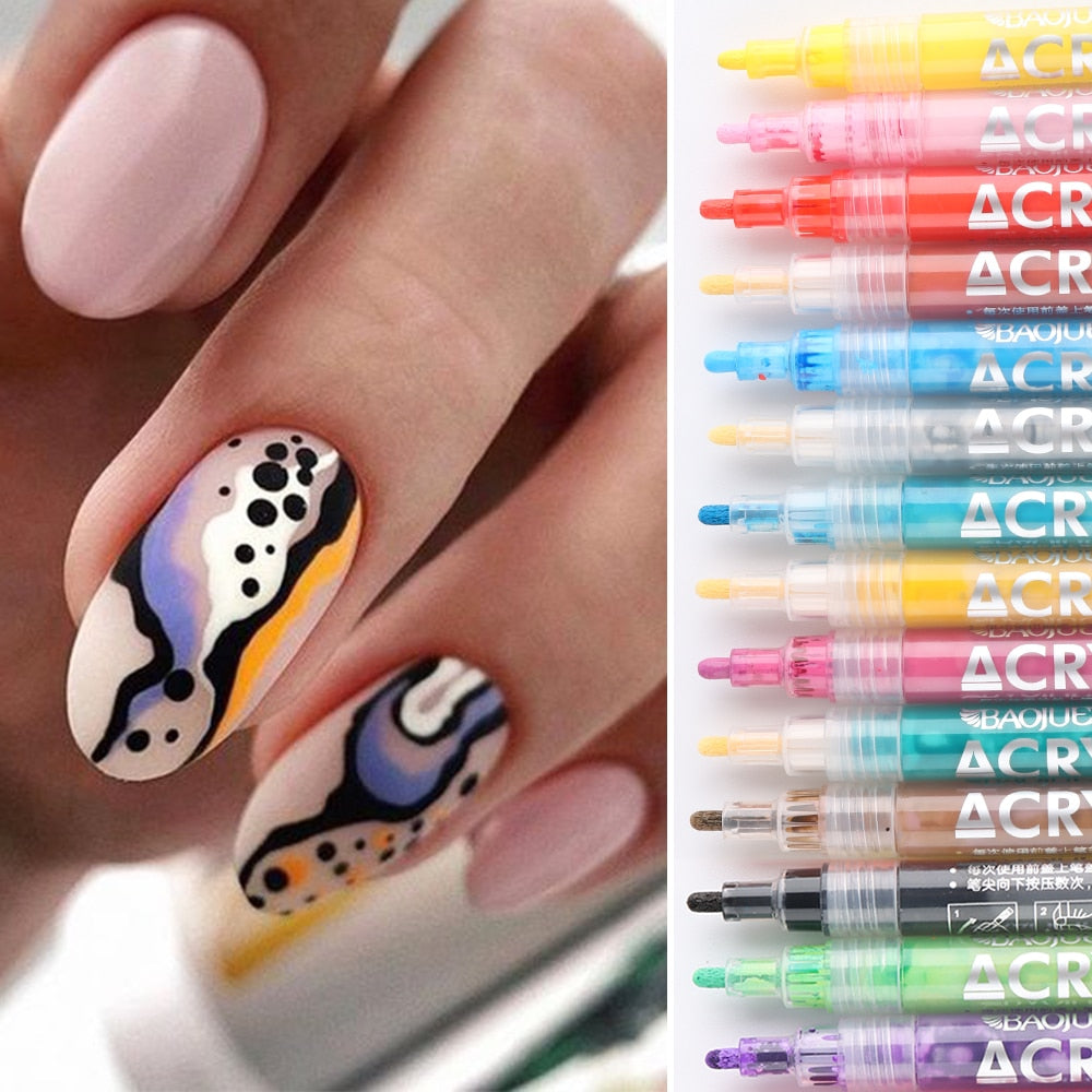 12Pcs Nail Art Graffiti Pen Set Waterproof Drawing Marker Pen For Nails Neon Enemals Black White Painting Gel Manicure GLTY01-12