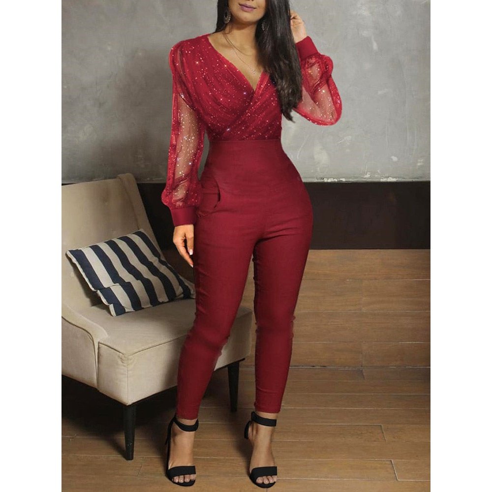 Sheer Mesh Glitter Ruched Wrap Jumpsuit Women Ropmers Long Sleeve V Neck Skinny Fit One Piece Overalls Jumpsuit