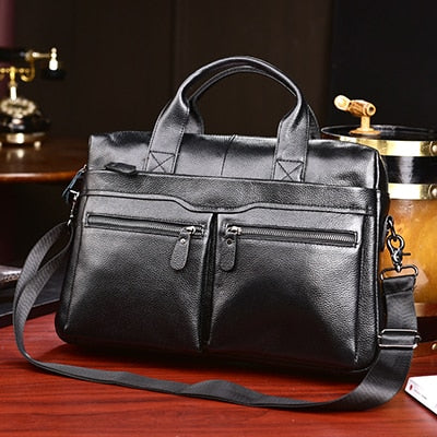 Black Men Genuine Leather Handbags Large Leather 14" Laptop Messenger Bags Business Men's Travel Bags Shoulder Bags Briefcase - Azbrowse