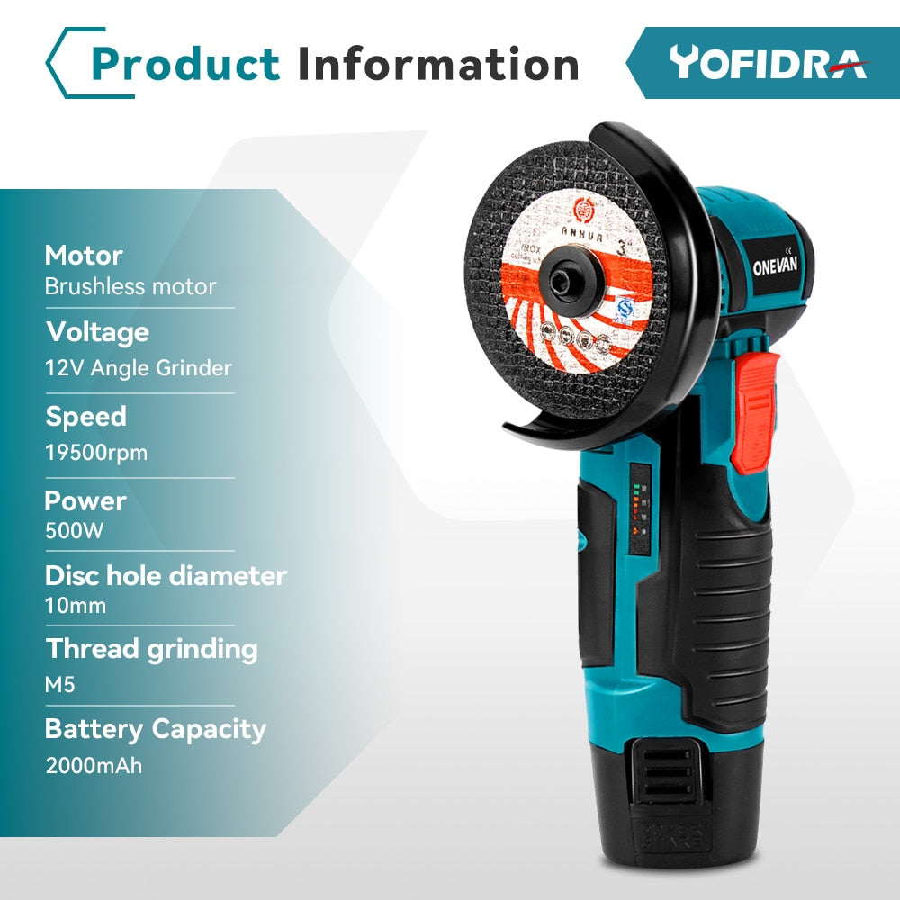 12V 500W Mini Brushless Angle Grinder with Rechargeable Lithium Battery Cordless Polishing Machine Diamond Cutting Power Tool