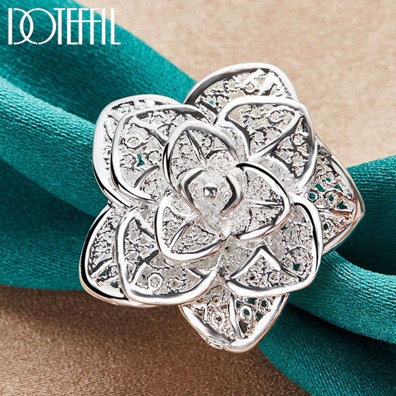 DOTEFFIL 925 Sterling Silver Rose Flower Open Ring Hollow Out Design Ring For Women Wedding Engagement Party Jewelry - Azbrowse