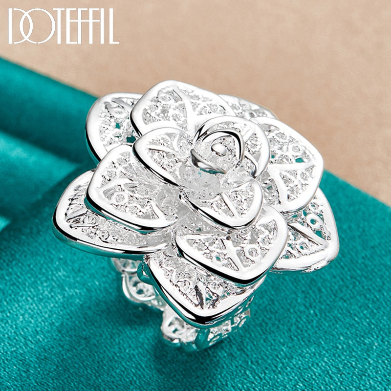 DOTEFFIL 925 Sterling Silver Rose Flower Open Ring Hollow Out Design Ring For Women Wedding Engagement Party Jewelry - Azbrowse