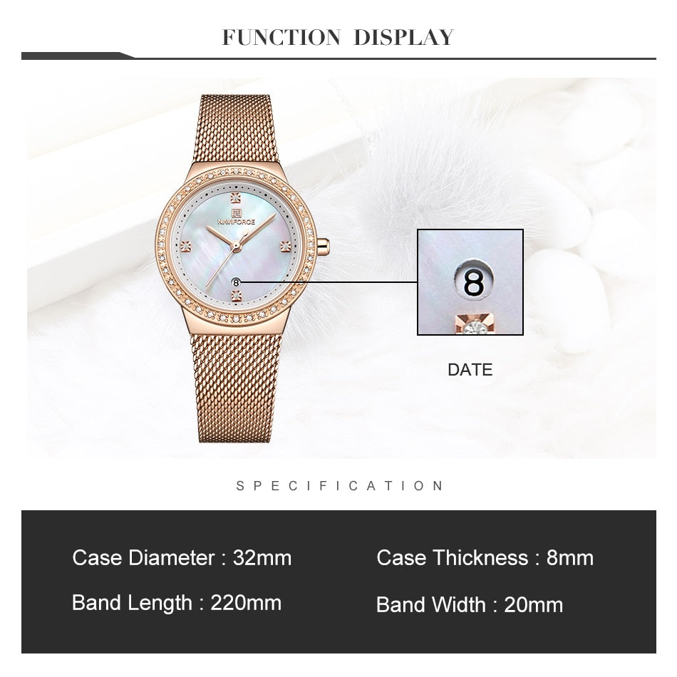 NAVIFORCE Women's Watch Luxury Rhinestone Fashion Ladies Watches Date Waterproof Quartz Wristwatch Clock Female Relogio Feminino - Azbrowse