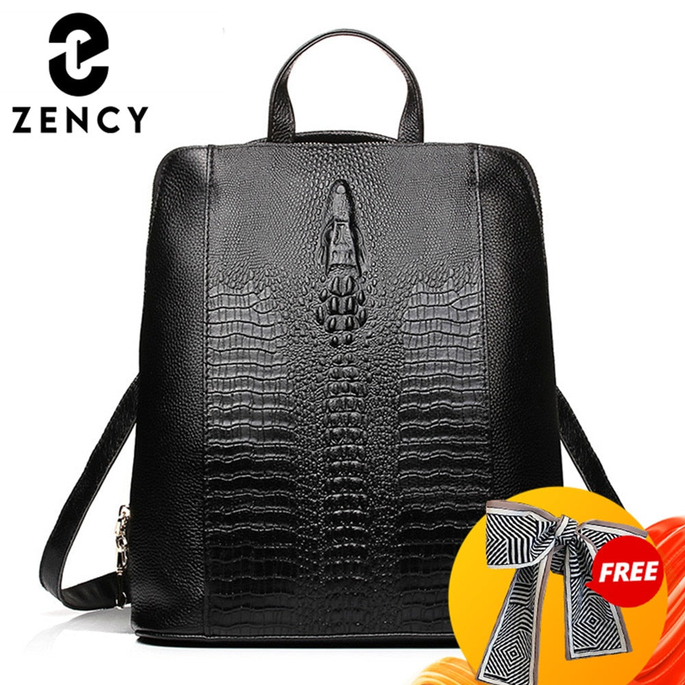 Zency 100% Genuine Leather Knapsack Ladies Alligator Pattern Women Backpack Girl Notebook Schoolbags Travel Bags For Work Laptop