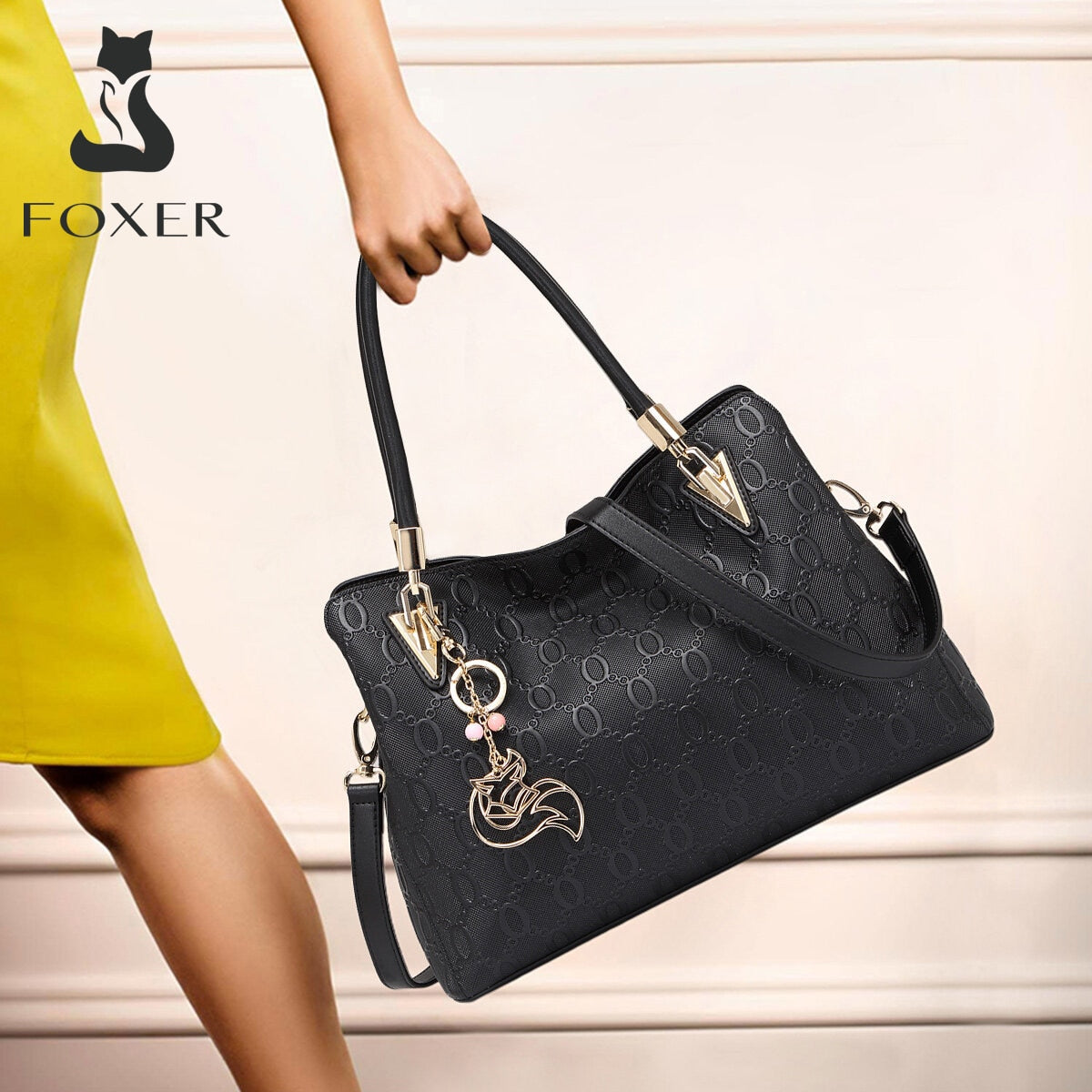 FOXER Occident Style Gold Tote Women's Split Leather Large Capacity Handbag Fashion Ladies Commute Luxury Shoulder Crossbody Bag