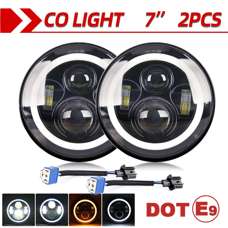 CO LIGHT 7 Inch LED Headlights DRL Hi/Lo Beam 50W 30W Halo Ring Amber Angel Eye For Niva Motorcycle Lada Offroad 4x4 UAZ 12V 24V - Azbrowse