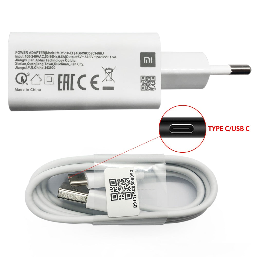 Original XIAOMI MI USB QC3.0 Fast wall Charger with Micro Usb and Type C Cable for XIAOMI Mi 9 8 SE CC9 A3 Redmi K20 Note 7 Pro - Azbrowse