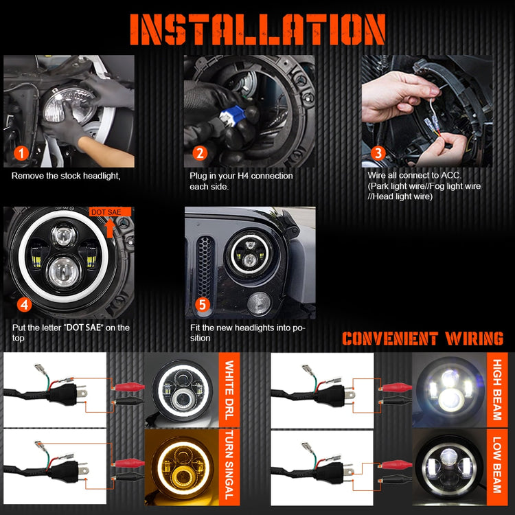 CO LIGHT 7 Inch LED Headlights DRL Hi/Lo Beam 50W 30W Halo Ring Amber Angel Eye For Niva Motorcycle Lada Offroad 4x4 UAZ 12V 24V - Azbrowse