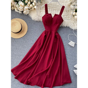 FMFSSOM 2022 Summer V-neck Sexy Open Back Red Dress Women Knee-length Bohemian Style  Solid Spaghetti Strap Party Clothing - Azbrowse