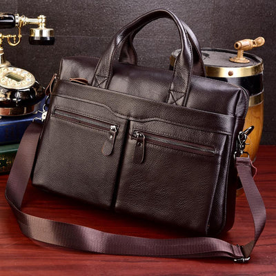 Black Men Genuine Leather Handbags Large Leather 14" Laptop Messenger Bags Business Men's Travel Bags Shoulder Bags Briefcase - Azbrowse