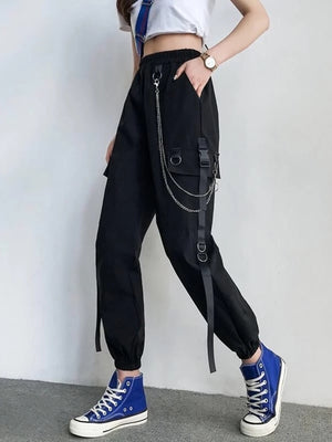 Women Cargo Pants  Harem Pants Fashion Punk Pockets Jogger Trousers With Chain Harajuku Elastics High Waist Streetwear - Azbrowse