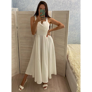 FMFSSOM 2022 Summer V-neck Sexy Open Back Red Dress Women Knee-length Bohemian Style  Solid Spaghetti Strap Party Clothing - Azbrowse