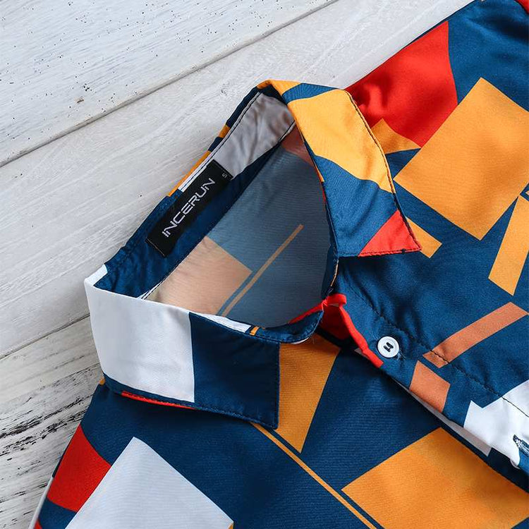 INCERUN Summer Men Beach Shirt Geometric Print Short Sleeve Lapel Neck Button Leisure Hawaiian Shirts Men 2023 Streetwear S-5XL - Azbrowse