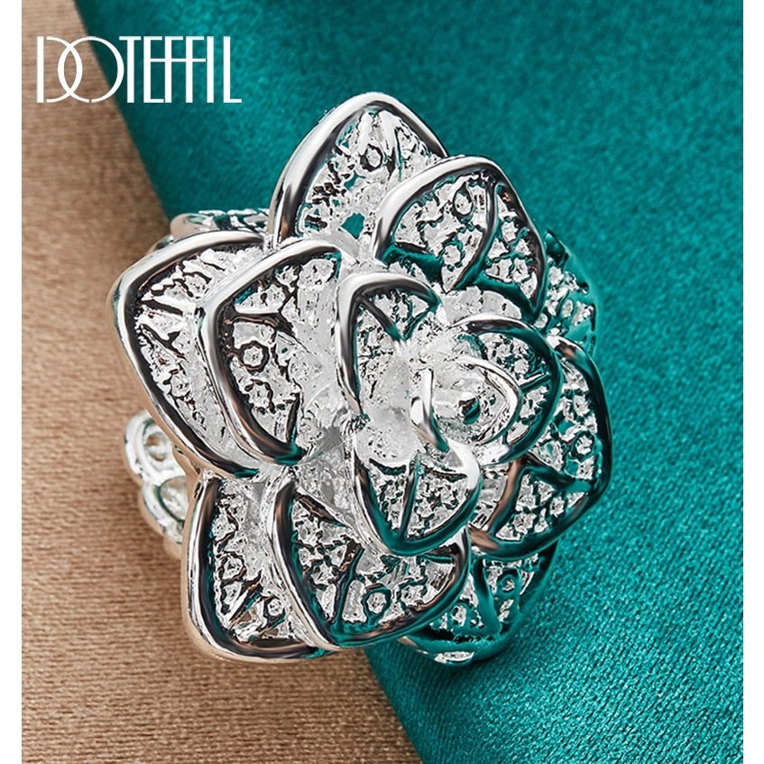 DOTEFFIL 925 Sterling Silver Rose Flower Open Ring Hollow Out Design Ring For Women Wedding Engagement Party Jewelry - Azbrowse