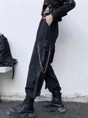 Women Cargo Pants  Harem Pants Fashion Punk Pockets Jogger Trousers With Chain Harajuku Elastics High Waist Streetwear - Azbrowse