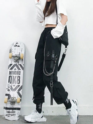 Women Cargo Pants  Harem Pants Fashion Punk Pockets Jogger Trousers With Chain Harajuku Elastics High Waist Streetwear - Azbrowse
