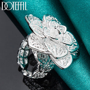 DOTEFFIL 925 Sterling Silver Rose Flower Open Ring Hollow Out Design Ring For Women Wedding Engagement Party Jewelry - Azbrowse