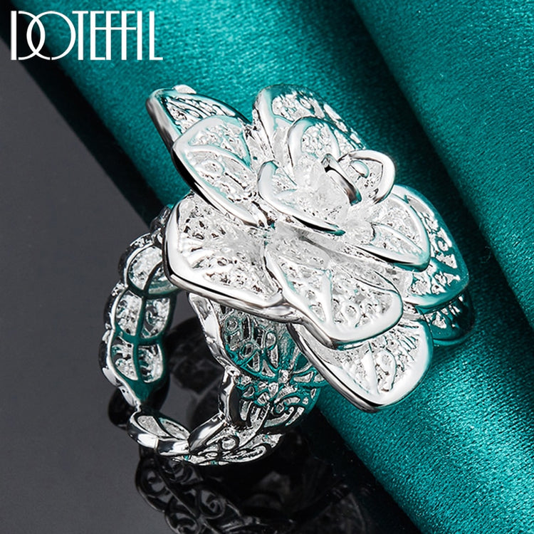 DOTEFFIL 925 Sterling Silver Rose Flower Open Ring Hollow Out Design Ring For Women Wedding Engagement Party Jewelry - Azbrowse
