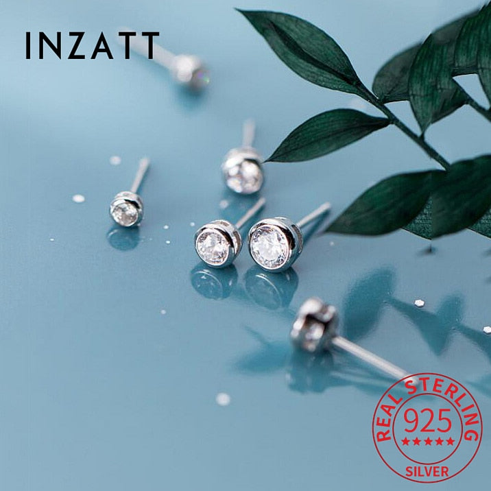 INZATT Real 925 Sterling Silver Zircon Round Stud Earrings For Fashion Women Party Minimalist Fine Jewelry Cute Accessories Gift