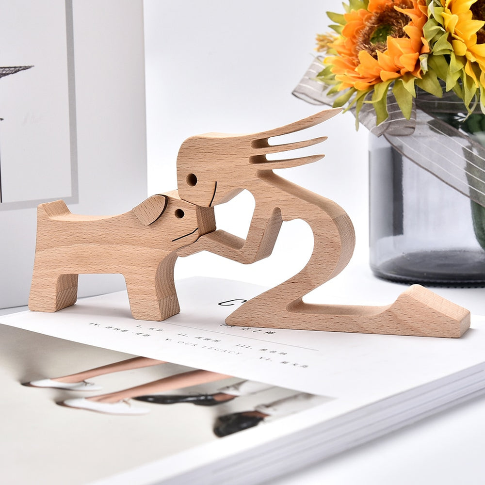 Family Puppy Wood Dog Craft Figurine Desktop Table Ornament Carving Model Home Office Decoration Pet Sculpture Christmas Gift - Azbrowse