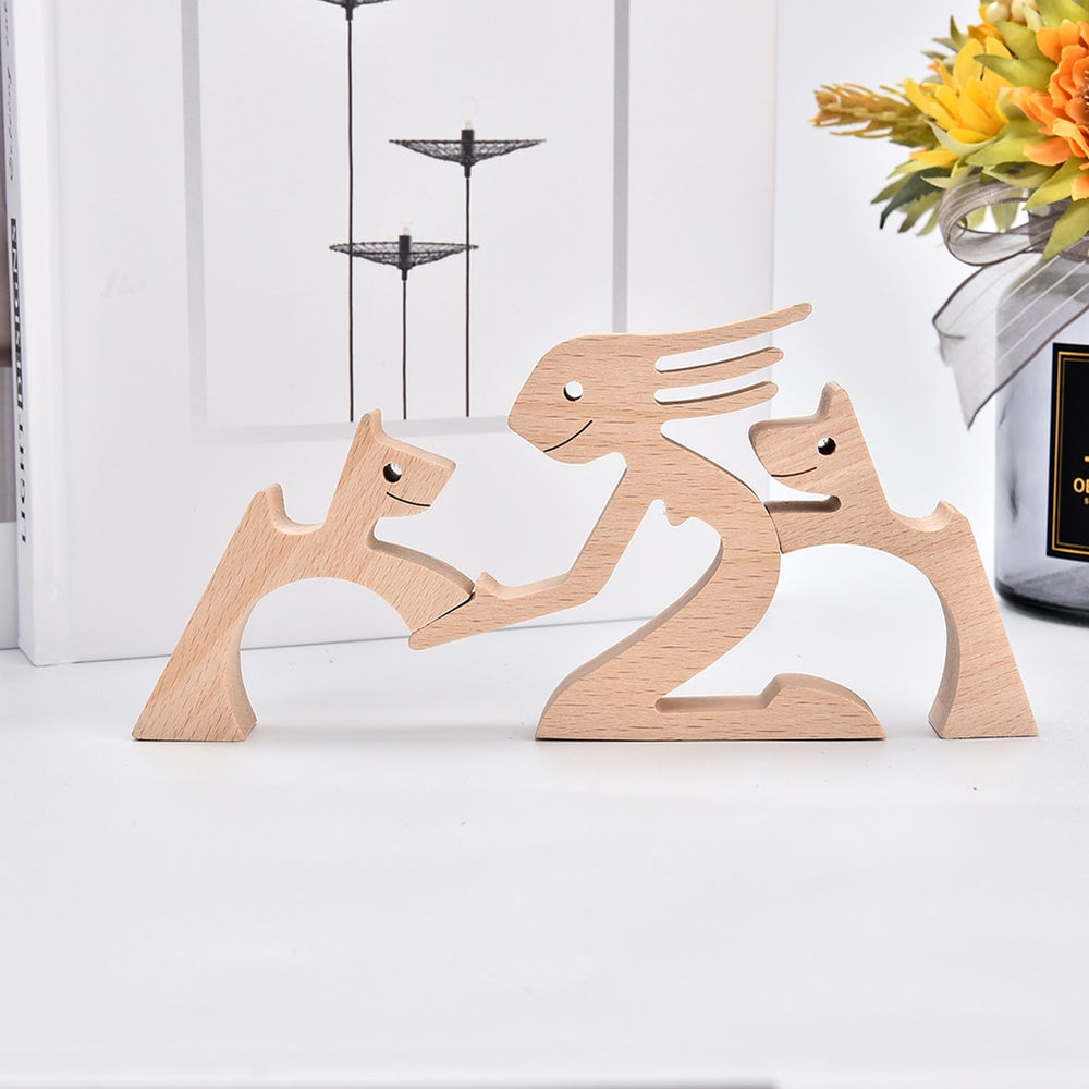 Family Puppy Wood Dog Craft Figurine Desktop Table Ornament Carving Model Home Office Decoration Pet Sculpture Christmas Gift - Azbrowse