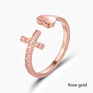 1PC Silver Color Alloy Rhinestone Cross Ring Geometric Heart Adjustable Opening Rings For Women Fashion Jewelry Gift - Azbrowse