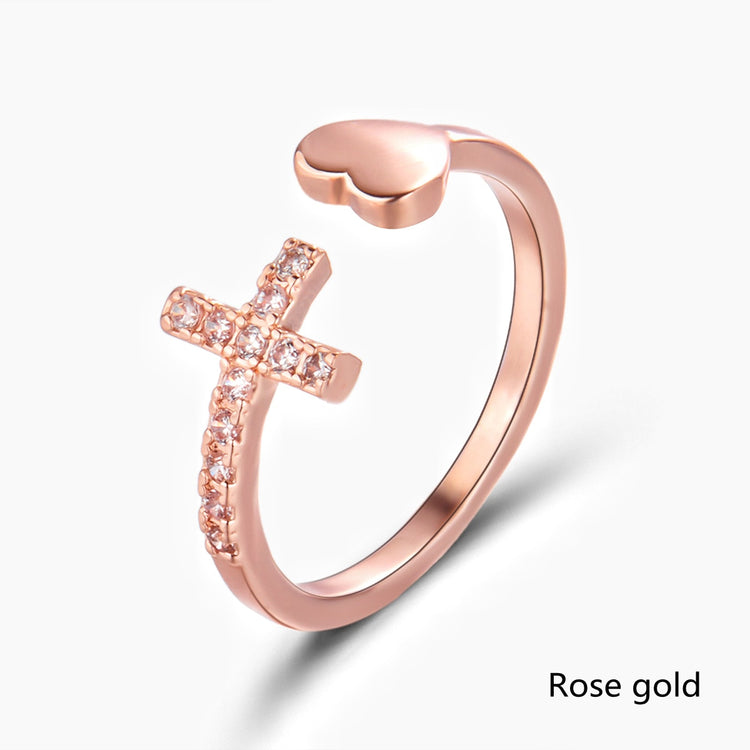 1PC Silver Color Alloy Rhinestone Cross Ring Geometric Heart Adjustable Opening Rings For Women Fashion Jewelry Gift - Azbrowse