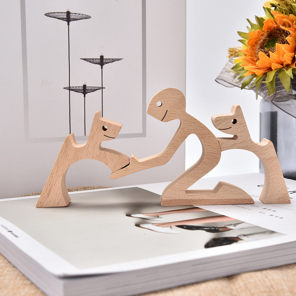 Family Puppy Wood Dog Craft Figurine Desktop Table Ornament Carving Model Home Office Decoration Pet Sculpture Christmas Gift - Azbrowse