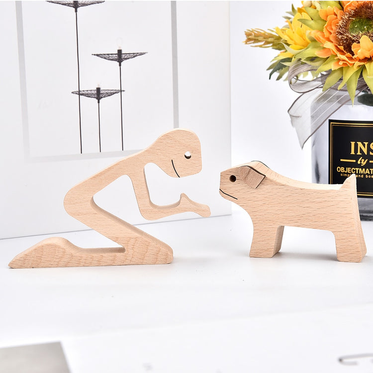 Family Puppy Wood Dog Craft Figurine Desktop Table Ornament Carving Model Home Office Decoration Pet Sculpture Christmas Gift - Azbrowse