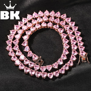 Vintage 7mm Heart Tennis Necklace For Women Cubic Zircon Iced Out Shiny Pnik Stones 3 Claw Chain Lovely Blingbling Jewelry Gift - Azbrowse
