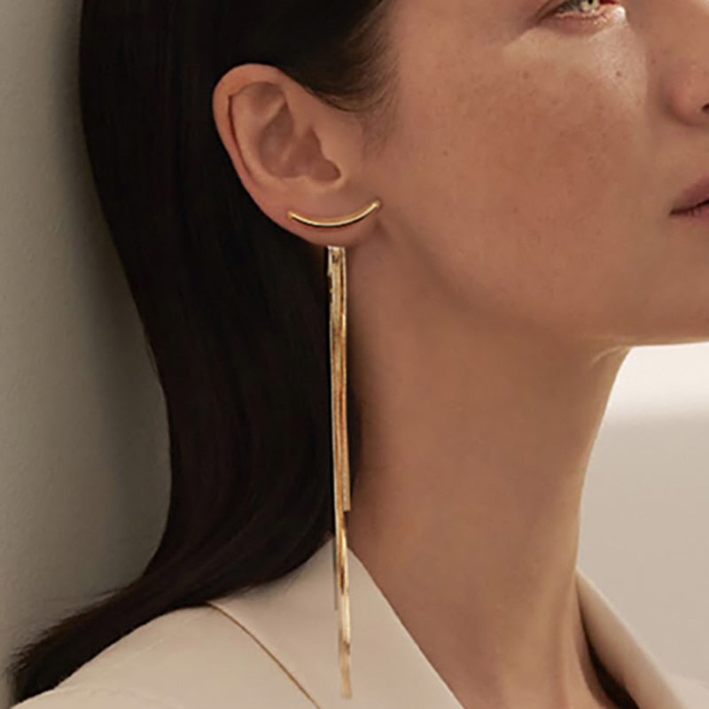 Korean Vintage Glossy Arc Bar Long Tassel Drop Earrings for Women Gold Color Geometric Fashion Jewelry Luxury Hanging Pendientes - Azbrowse
