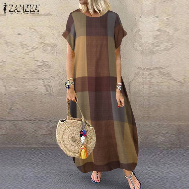 ZANZEA Bohemian Polka Dot Printed Long Dress 2023 Women's Summer Sundress Casual Short Sleeve Plaid Party Vestido Robe - Azbrowse