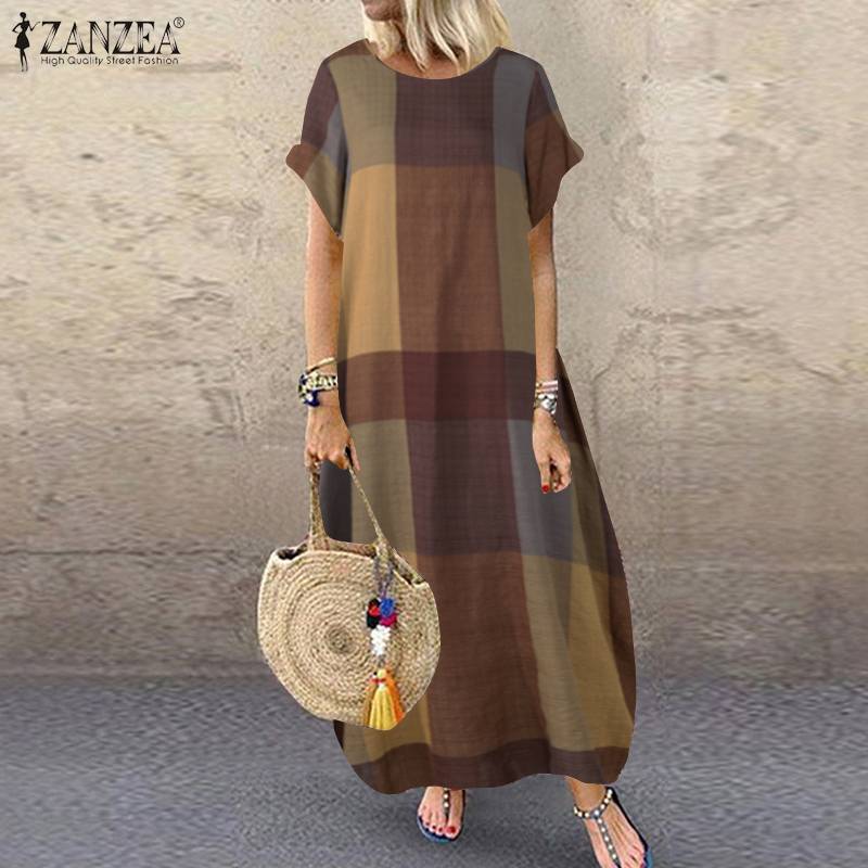 ZANZEA Bohemian Polka Dot Printed Long Dress 2023 Women's Summer Sundress Casual Short Sleeve Plaid Party Vestido Robe - Azbrowse