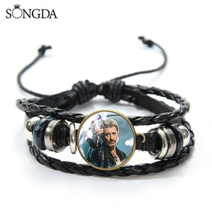Rock Star Johnny Hallyday Souvenir Bracelets Hand Craft Punk Black Leather Bracelets Jewelry for Men Women Concert Gifts - Azbrowse