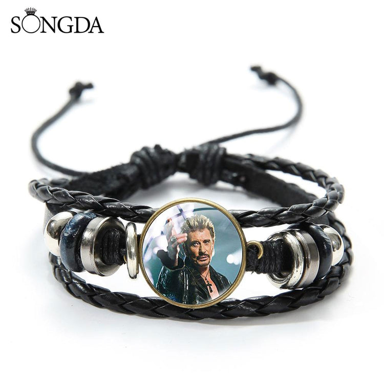 Rock Star Johnny Hallyday Souvenir Bracelets Hand Craft Punk Black Leather Bracelets Jewelry for Men Women Concert Gifts - Azbrowse