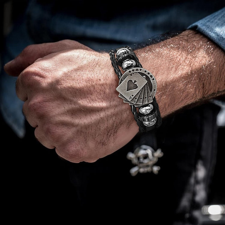 POKER BROWN LEATHER CUFF BRACELET MEN'S MULTILAYER WRAP WRISTBAND FRIENDSHIP VINTAGE BIKER PLAYING CARD POKER BANGLE MEN JEWELRY - Azbrowse