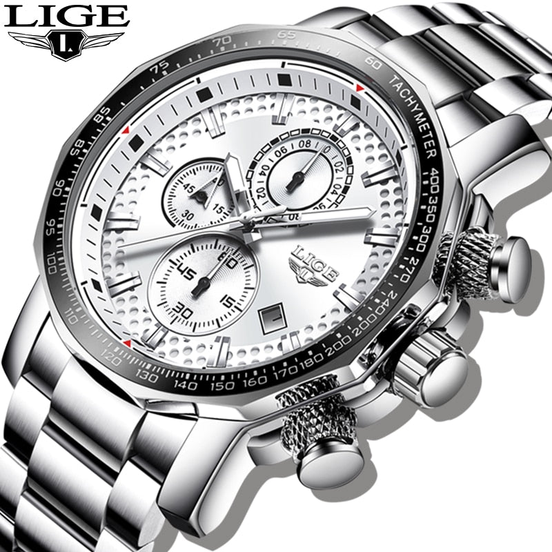 LIGE Silver Big Dial Watch Men Sport Quartz Clock Fashion Men Watches Top Brand Luxury Man Military Waterproof Chronograph 2021 - Azbrowse