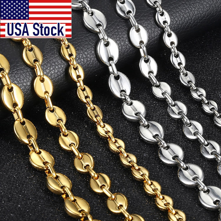 Coffee Beans Link Chain 7/9/11MM Necklace Gold Color Silver Color Stainless Steel Men Women Geometric Rope  Jewelry Wholesale - Azbrowse