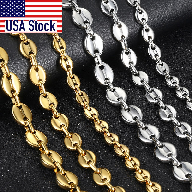 Coffee Beans Link Chain 7/9/11MM Necklace Gold Color Silver Color Stainless Steel Men Women Geometric Rope  Jewelry Wholesale - Azbrowse