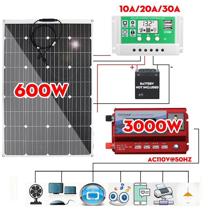 600w 1200w ETFE Solar Panel 12v Photovoltaic Home System Inverter Complete Kit Solar Cell Battery Charger For Car Boat Camping - Azbrowse