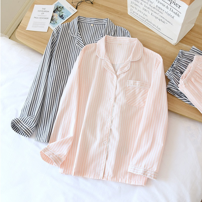 2023Spring And Summer New Couple Vertical Stripes Pajamas Two-piece 100% Cotton Long-sleeved Men's Simple Casual Home Wear Women