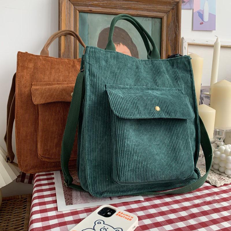 Corduroy Shoulder Bag Women Vintage Shopping Bags Zipper Girls Student Bookbag Handbags Casual Tote With Outside Pocket - Azbrowse